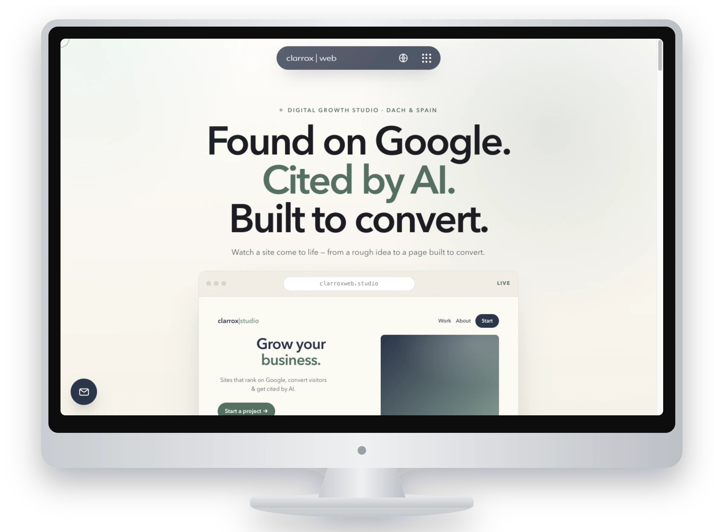 ClarroxWeb homepage on an iMac — desktop layout