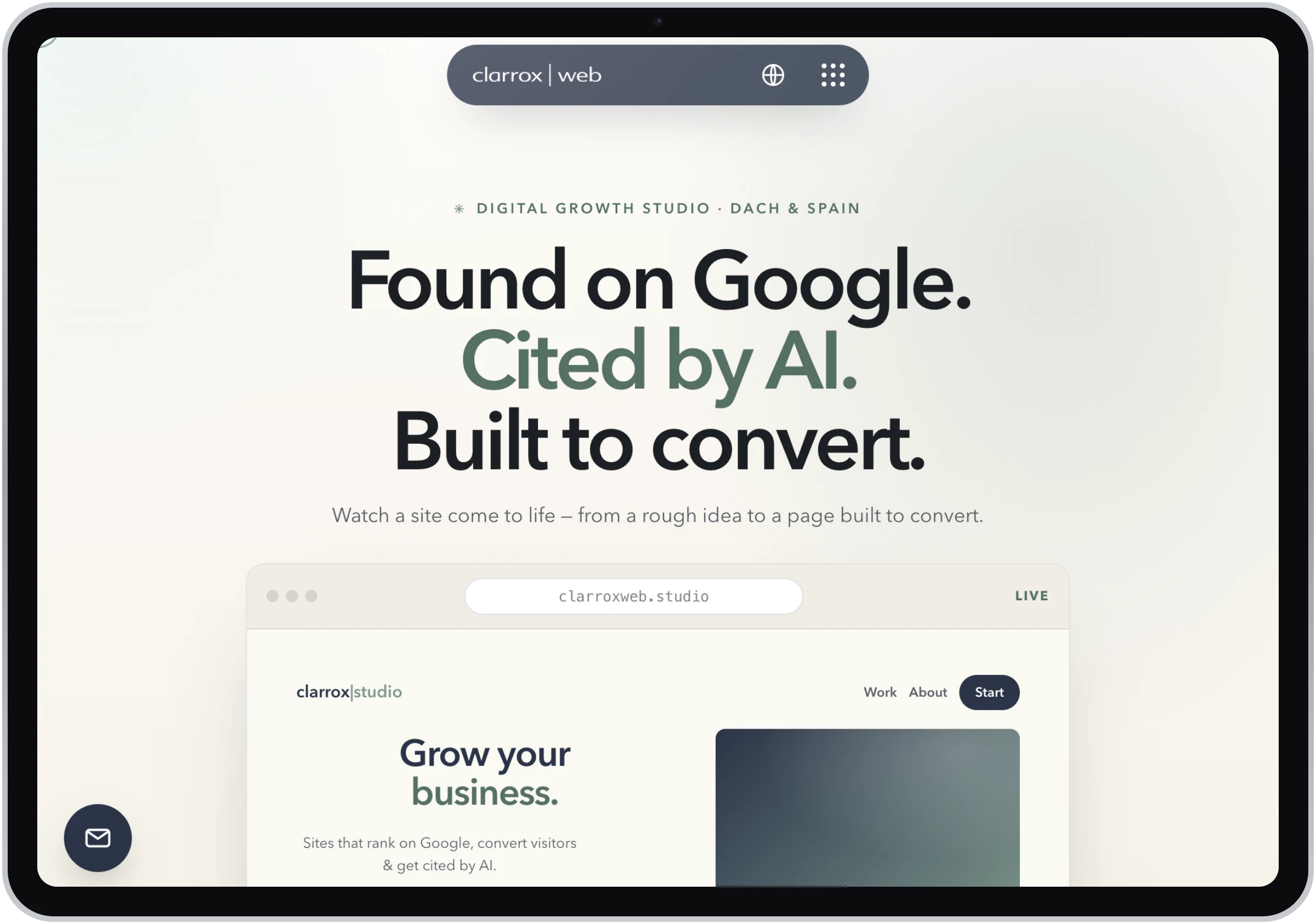 ClarroxWeb homepage on an iPad Pro — tablet layout