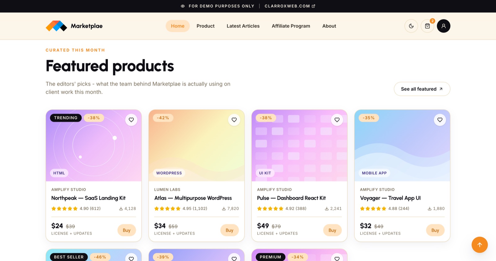 Marketplae product catalog with filters and card grid